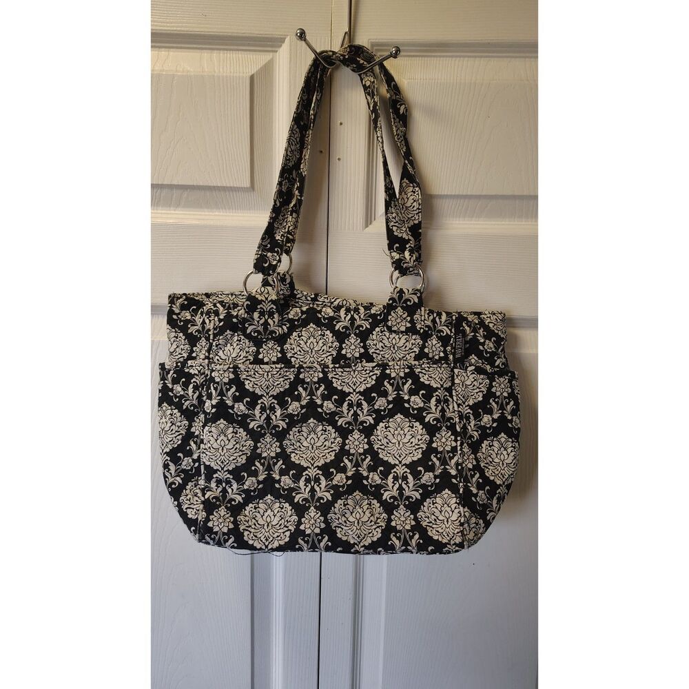 Waverly Inspirations Black & White Damask Quilted Tote Bag Shoulder Purse